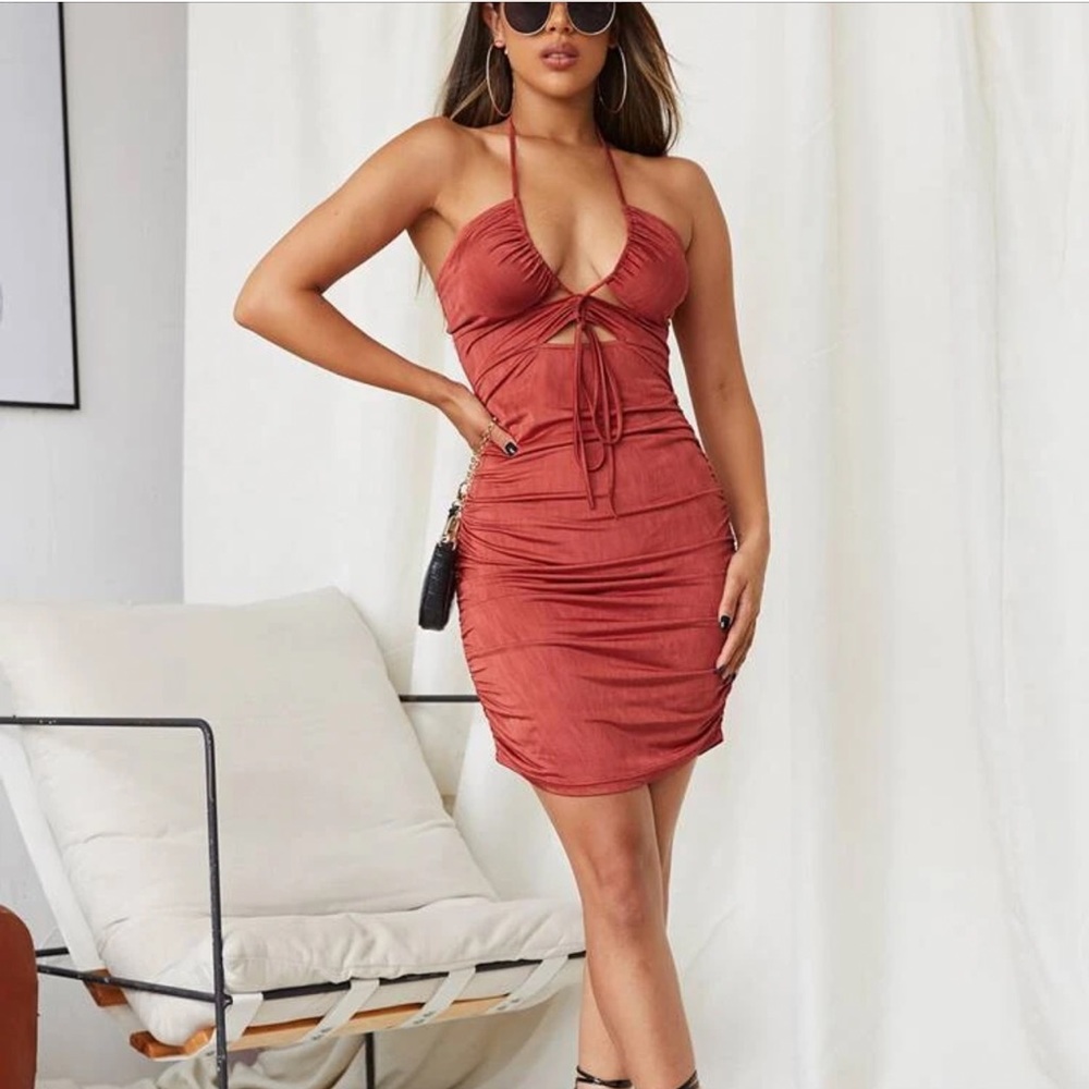 Tie front ruched halter dress